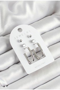 Pirinç Zirkon Taş Ve Dikdörtgen Figürlü Gümüş Renk 3'lü Çift Kadın Küpe Set