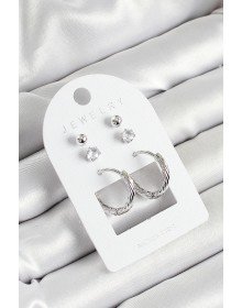 Pirinç Zirkon Taş Ve Halka Figürlü Gümüş Renk 3'lü Çift Kadın Küpe Set