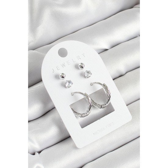 Pirinç Zirkon Taş Ve Halka Figürlü Gümüş Renk 3'lü Çift Kadın Küpe Set Pirinç Zirkon Taş Ve Halka Figürlü Gümüş Renk 3'lü Çift Kadın Küpe Set