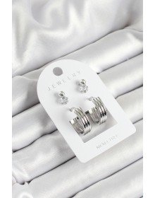 Pirinç Zirkon Taş Ve Halka Figürlü Gümüş Renk 3'lü Çift Kadın Küpe Set