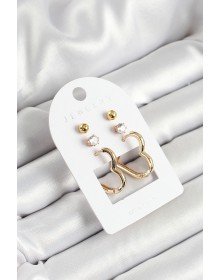 Pirinç Zirkon Taş Ve Kalp Figürlü Gold Renk 3'lü Çift Kadın Küpe Set