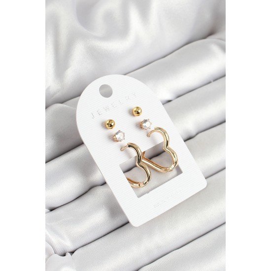 Pirinç Zirkon Taş Ve Kalp Figürlü Gold Renk 3'lü Çift Kadın Küpe Set