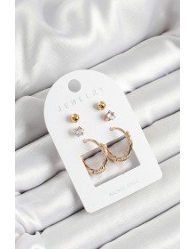Pirinç Zirkon Taş Ve Halka Figürlü Gold Renk 3'lü Çift Kadın Küpe Set
