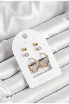 Pirinç Zirkon Taş Ve Halka Figürlü Gold Renk 3'lü Çift Kadın Küpe Set