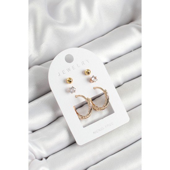 Pirinç Zirkon Taş Ve Halka Figürlü Gold Renk 3'lü Çift Kadın Küpe Set Pirinç Zirkon Taş Ve Halka Figürlü Gold Renk 3'lü Çift Kadın Küpe Set