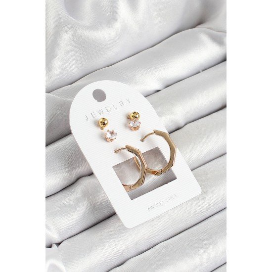 Pirinç Zirkon Taş Ve Kemik Halka Figürlü Gold Renk 3'lü Çift Kadın Küpe Set Pirinç Zirkon Taş Ve Kemik Halka Figürlü Gold Renk 3'lü Çift Kadın Küpe Set