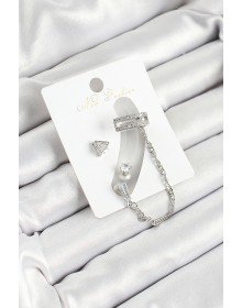 Pirinç Üçgen Figürlü Zirkon Taşlı Gümüş Renk 3'lü Kıkırdak Kadın Küpe Set