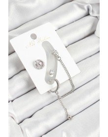 Pirinç Halka Figürlü Zirkon Taşlı Gümüş Renk 3'lü Kıkırdak Kadın Küpe Set