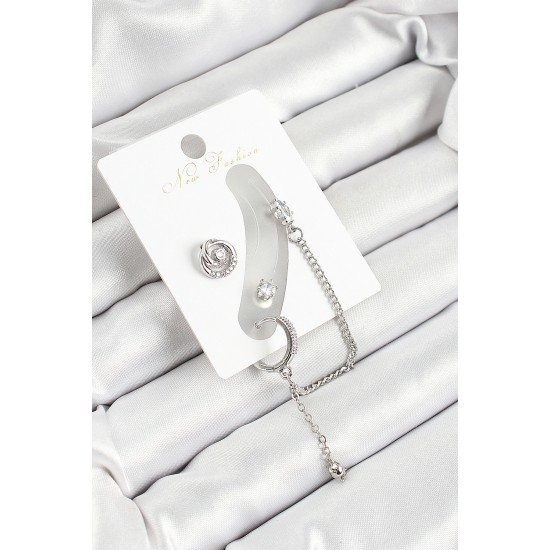 Pirinç Halka Figürlü Zirkon Taşlı Gümüş Renk 3'lü Kıkırdak Kadın Küpe Set