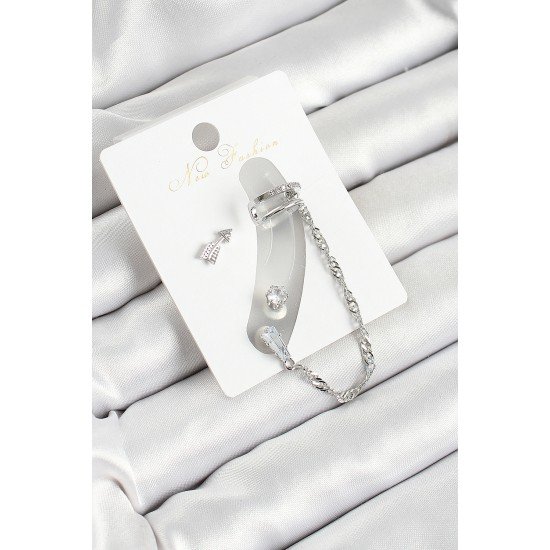 Pirinç Ok Figürlü Zirkon Taşlı Gümüş Renk 3'lü Kıkırdak Kadın Küpe Set