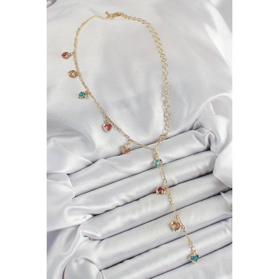 Pirinç Asorti Kalp Model Gold Renk Zirkon Taşlı Y Kolye