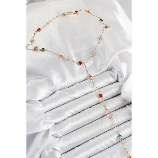 Pirinç Asorti Model Gold Renk Zirkon Taşlı Y Kolye