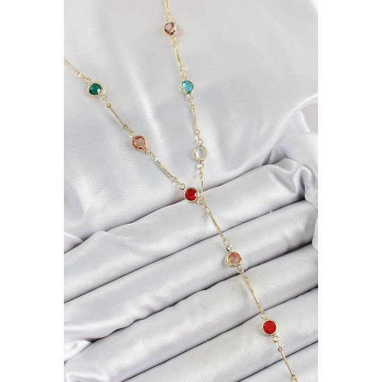 Pirinç Asorti Model Gold Renk Zirkon Taşlı Y Kolye