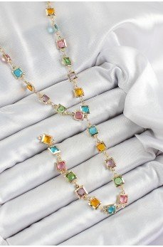 Pirinç Asorti Kare Model Gold Renk Zirkon Taşlı Y Kolye