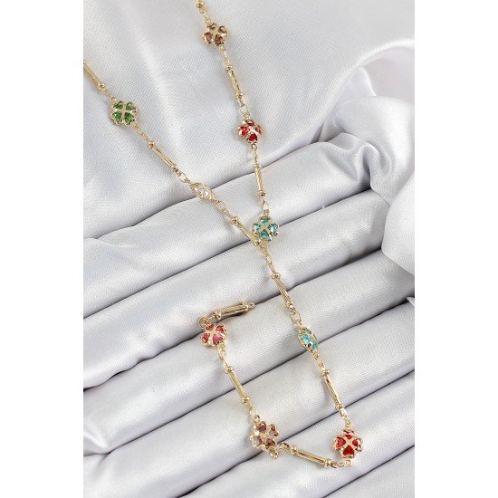 Pirinç Asorti Kalpli Yonca Model Gold Renk Zirkon Taşlı Y Kolye