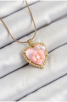 316L Çelik Zincir Pembe Sanatsal Portre İnci Detaylı Papatya Figürlü Kalp Model Gold Renk Kadın Kolye