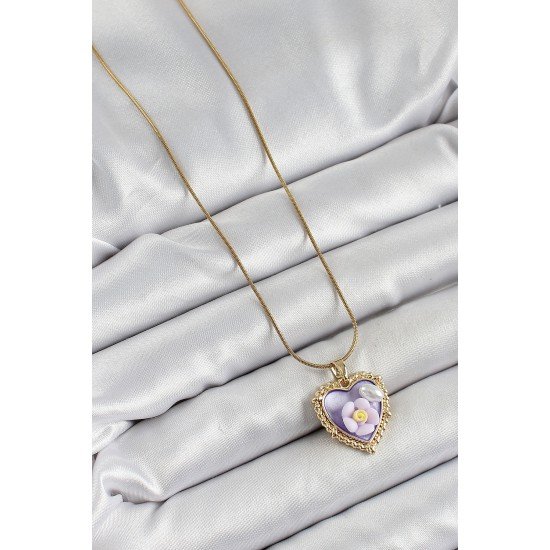 316L Çelik Zincir Mor Sanatsal Portre İnci Detaylı Papatya Figürlü Kalp Model Gold Renk Kadın Kolye