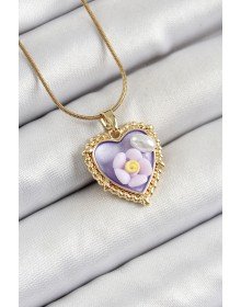316L Çelik Zincir Mor Sanatsal Portre İnci Detaylı Papatya Figürlü Kalp Model Gold Renk Kadın Kolye