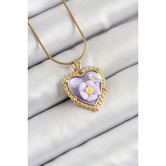 316L Çelik Zincir Mor Sanatsal Portre İnci Detaylı Papatya Figürlü Kalp Model Gold Renk Kadın Kolye