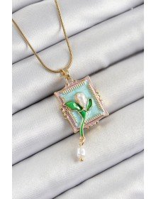 316L Çelik Zincir Turkuaz Sanatsal Portre Sallantılı İnci Detaylı Lale Model Gold Renk Kadın Kolye