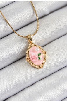 316L Çelik Zincir Pembe Sanatsal Portre İnci Detaylı Gül Figürlü Model Gold Renk Kadın Kolye