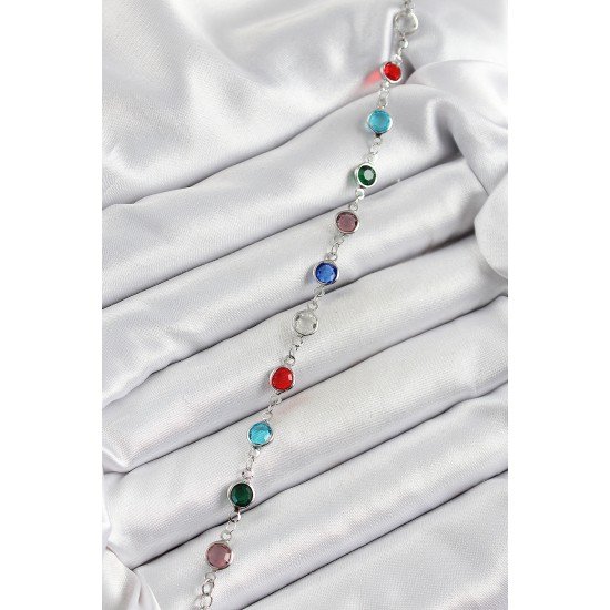 Pirinç Gümüş Renk Karışık Renk Zirkon Taşlı Kadın Bileklik