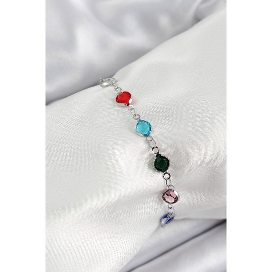 Pirinç Gümüş Renk Karışık Renk Zirkon Taşlı Kadın Bileklik