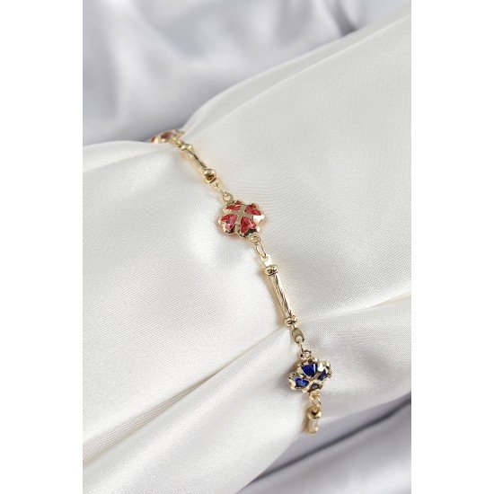 Pirinç Gold Renk Karışık Renk Yonca Zirkon Taşlı Kadın Bileklik Pirinç Gold Renk Karışık Renk Yonca Zirkon Taşlı Kadın Bileklik