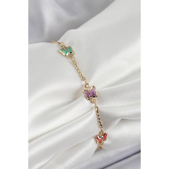 Pirinç Gold Renk Karışık Renk Kelebek Zirkon Taşlı Kadın Bileklik