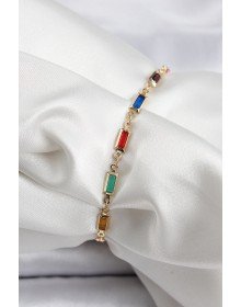 Pirinç Gold Renk Karışık Renkli Kare Zirkon Taşlı Kadın Bileklik