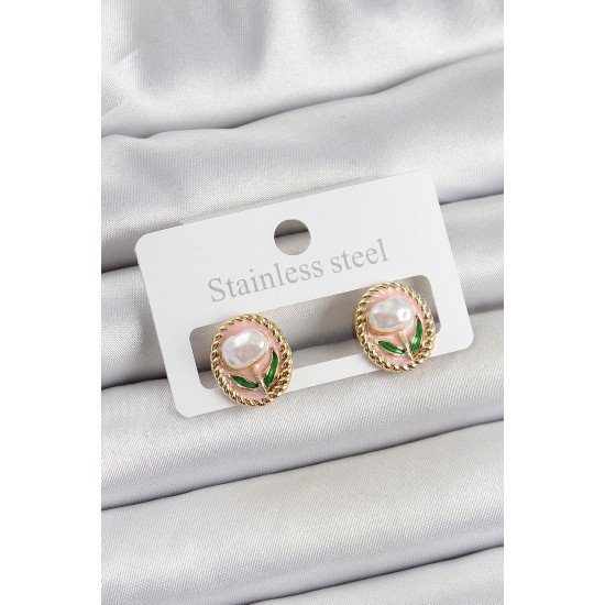 Pirinç Pembe Mineli Lale Figürlü Sanatsal Portre Model Gold Renk Kadın Küpe