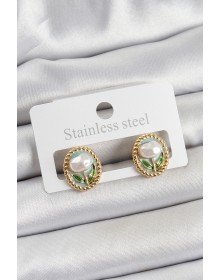 Pirinç Yeşil Mineli Lale Figürlü Sanatsal Portre Model Gold Renk Kadın Küpe