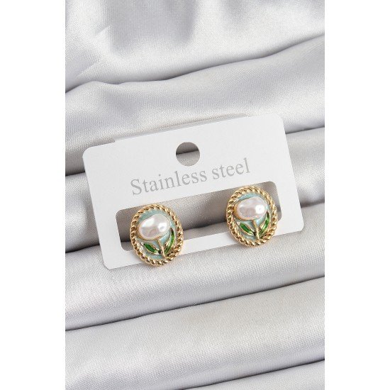 Pirinç Yeşil Mineli Lale Figürlü Sanatsal Portre Model Gold Renk Kadın Küpe Pirinç Yeşil Mineli Lale Figürlü Sanatsal Portre Model Gold Renk Kadın Küpe