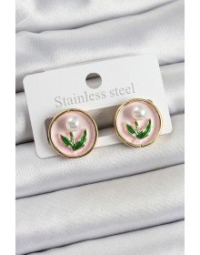 Pirinç Pembe Mineli Lale Figürlü Sanatsal Portre Model Gold Renk Kadın Küpe