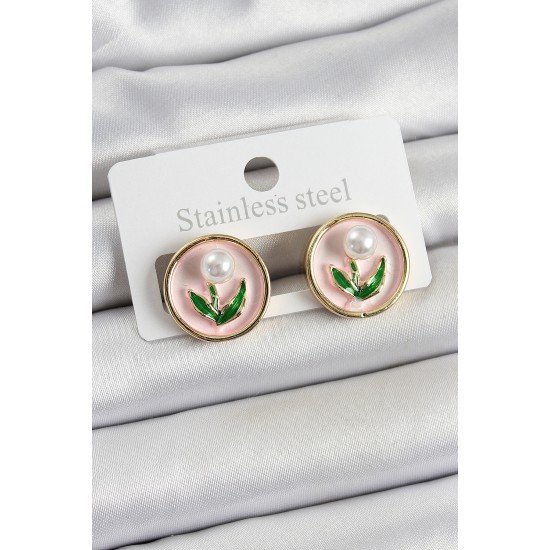 Pirinç Pembe Mineli Lale Figürlü Sanatsal Portre Model Gold Renk Kadın Küpe