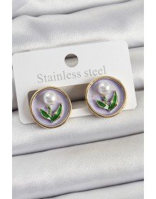 Pirinç Mor Mineli Lale Figürlü Sanatsal Portre Model Gold Renk Kadın Küpe