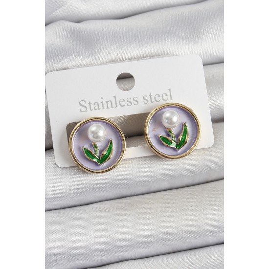 Pirinç Mor Mineli Lale Figürlü Sanatsal Portre Model Gold Renk Kadın Küpe