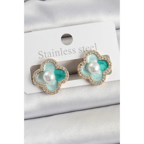 Pirinç Yeşil Mineli İnci Detaylı Zirkon Taşlı Sanatsal Portre Yonca Model Gold Renk Kadın Küpe Pirinç Yeşil Mineli İnci Detaylı Zirkon Taşlı Sanatsal Portre Yonca Model Gold Renk Kadın Küpe