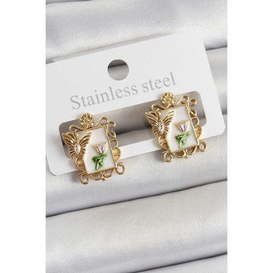 Pirinç Beyaz Mineli Sanatsal Portre Model Gold Renk Kadın Küpe