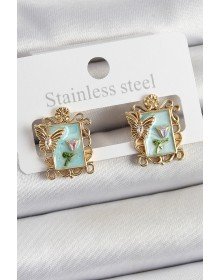 Pirinç Yeşil Mineli Sanatsal Portre Model Gold Renk Kadın Küpe