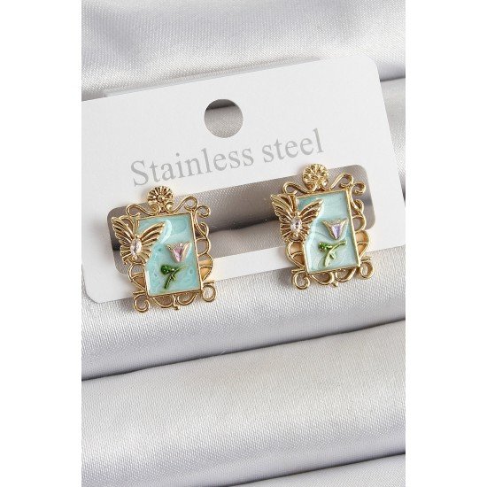 Pirinç Yeşil Mineli Sanatsal Portre Model Gold Renk Kadın Küpe