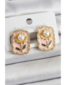 Pirinç Pembe Mineli Papatya Figürlü Sanatsal Portre Model Gold Renk Kadın Küpe