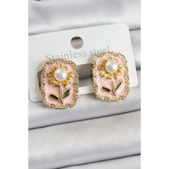 Pirinç Pembe Mineli Papatya Figürlü Sanatsal Portre Model Gold Renk Kadın Küpe