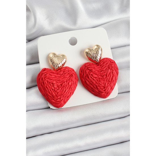 Kırmızı Kalp Figürlü Hasır Örgü Model Gold Renk Kadın Küpe