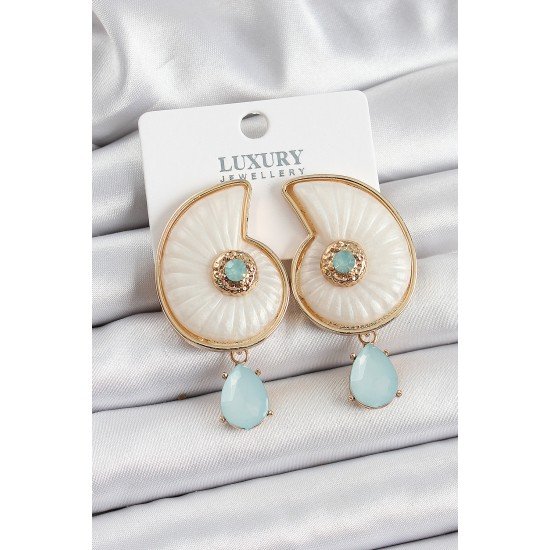 Pirinç Sedef Deniz Kabuğu Figürlü Zirkon Taşlı Gold Renk Kadın Küpe