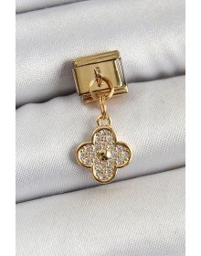 316L Çelik Sallantılı Zirkon Taşlı Yonca Model Gold Renk Nomination Charm