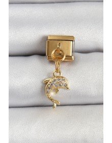 316L Çelik Sallantılı Zirkon Taşlı Yunus Balığı Model Gold Renk Nomination Charm
