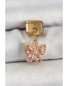 316L Çelik Sallantılı Zirkon Taşlı Çiçek Figürlü Kelebek Model Gold Renk Nomination Charm