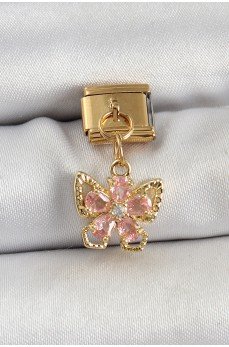316L Çelik Sallantılı Zirkon Taşlı Çiçek Figürlü Kelebek Model Gold Renk Nomination Charm