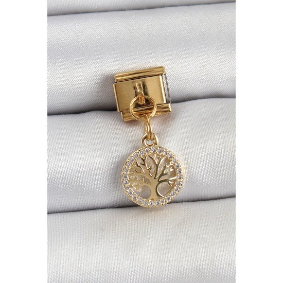 316L Çelik Sallantılı Zirkon Taşlı Hayat Ağacı Model Gold Renk Nomination Charm